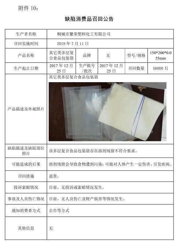 桐城市繁荣塑料化工有限公司召回56000只溶剂残留不符合要求的食品包装袋