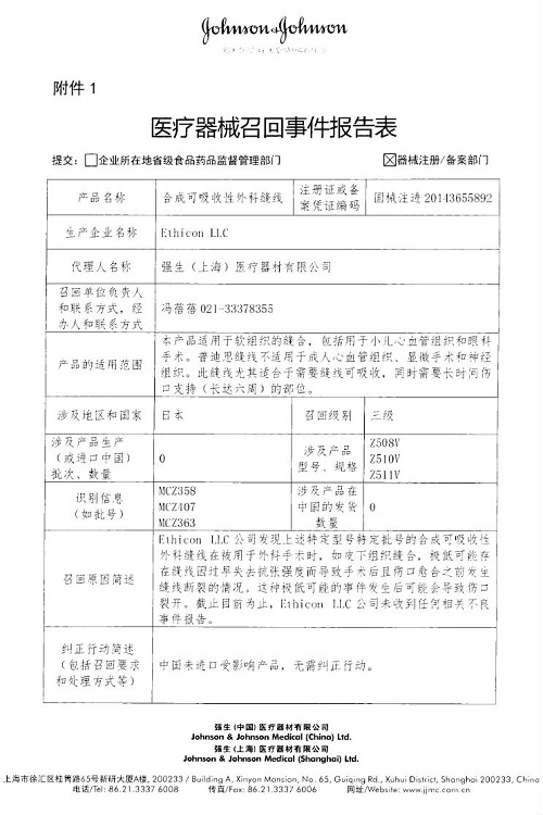 Ethicon LLC主动召回部分合成可吸收性外科缝线