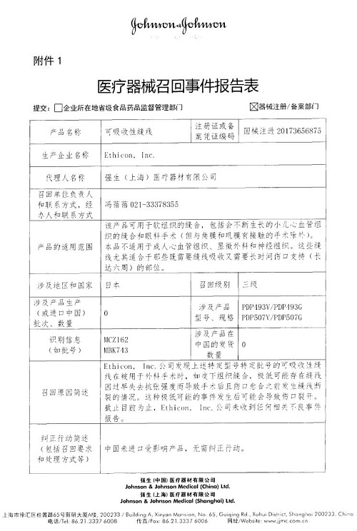 Ethicon, Inc.主动召回不合格对可吸收性缝线