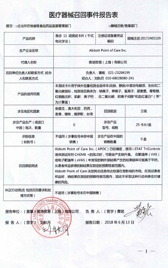 Abbott Point of Care Inc.召回对急诊11项测试卡片