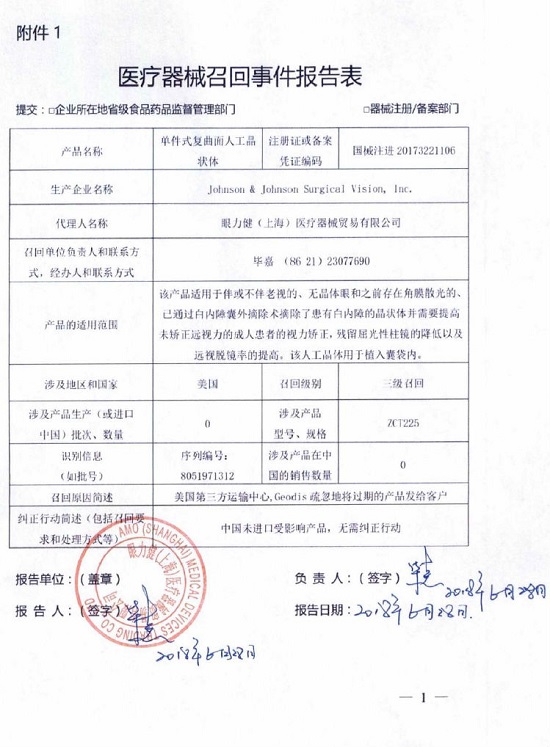 眼力健主动召回Johnson & Johnson Surgical Vision, Inc.生产的单件式复曲面人工晶状体