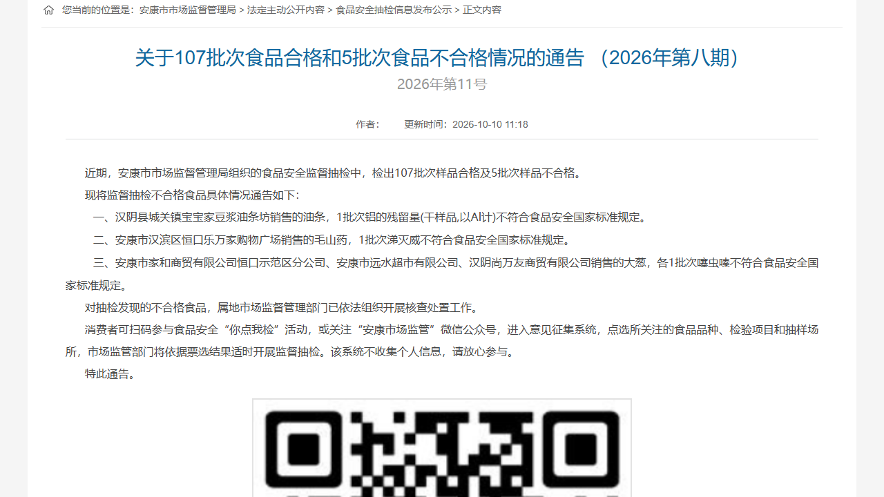 陕西安康通报5批次不合格食品