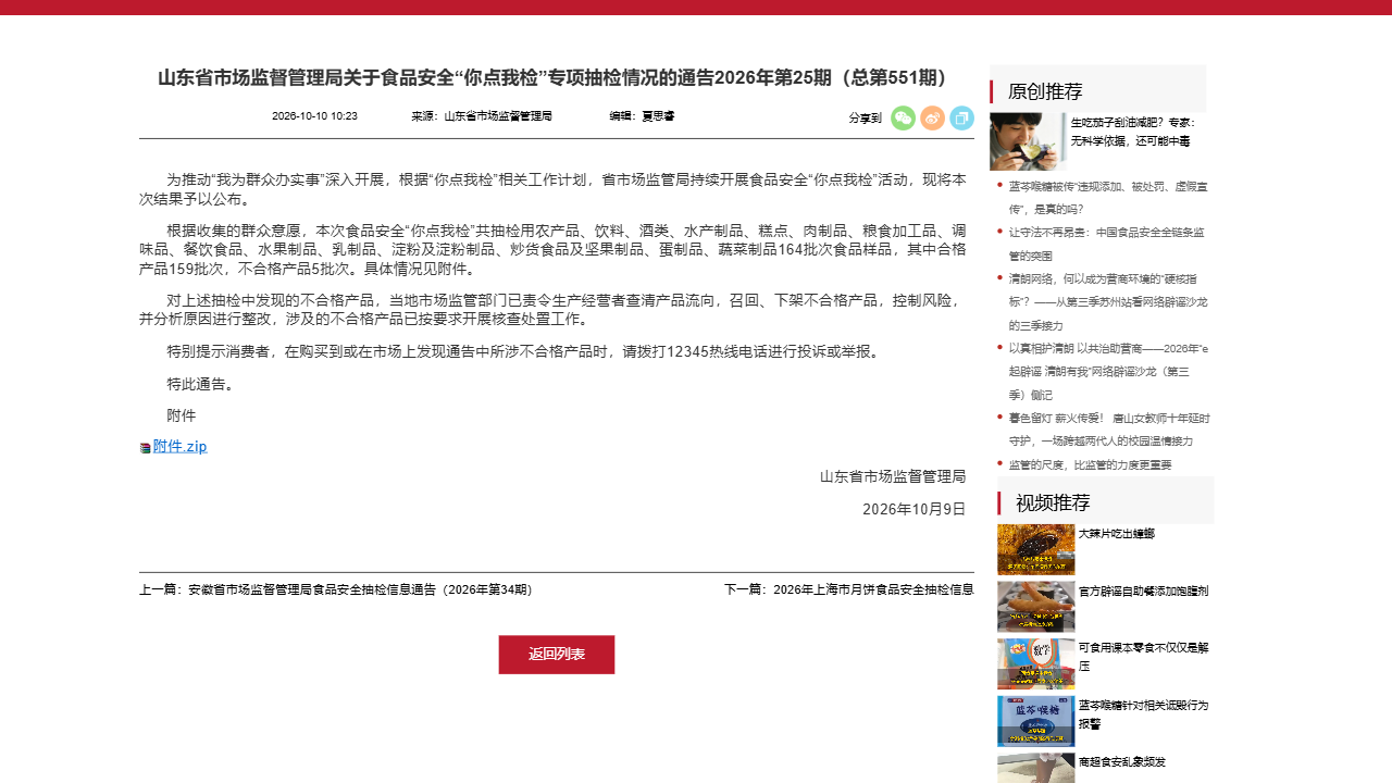 山东省市监局通报你点我检5批次不合格食品