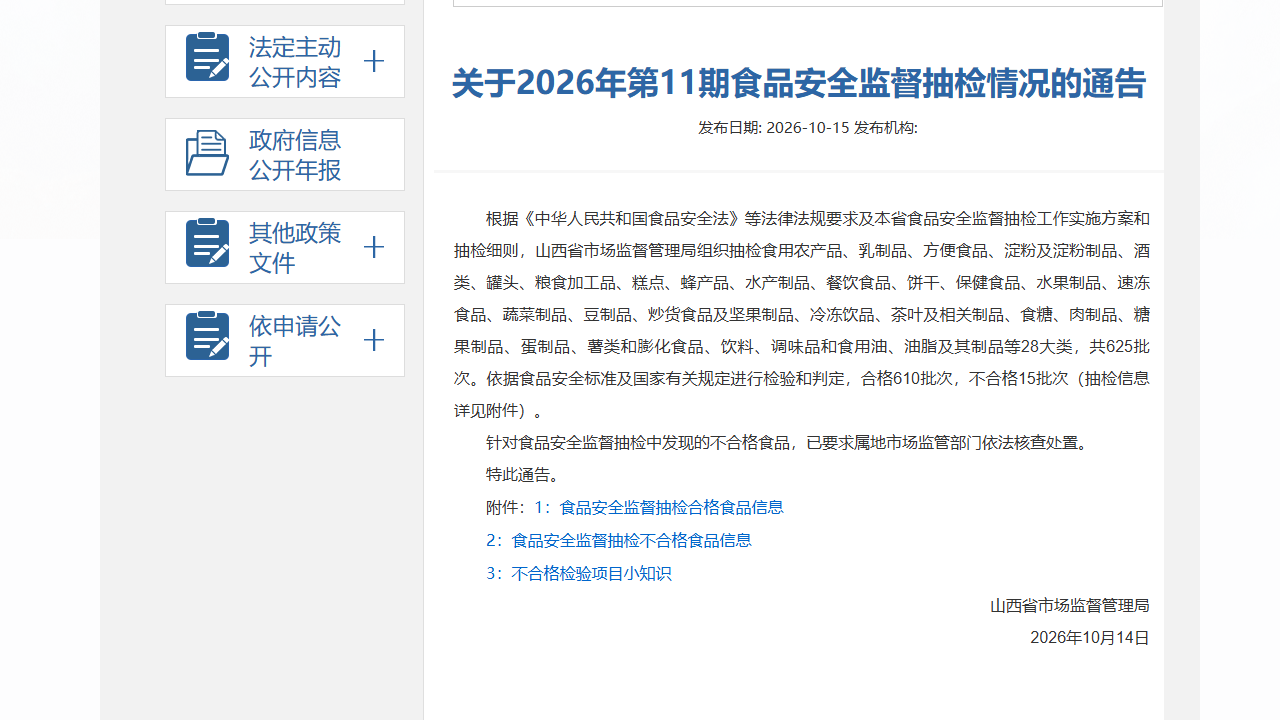 山西省市监局通报15批次不合格食品