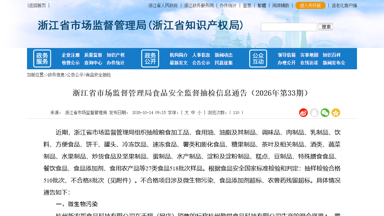 浙江省市监局通报8批次不合格食品